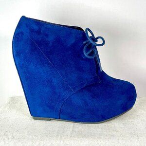 Brecknelle Blue Suede Lace-Up Wedge Booties Ankle Height Platform Heel Size 7